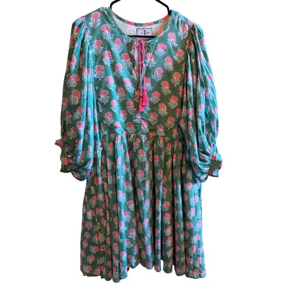 Ella Gray CottageCore Dress Pink Floral on Emarald Green 3/4 Balloon Sleeve XXL - Picture 2 of 11